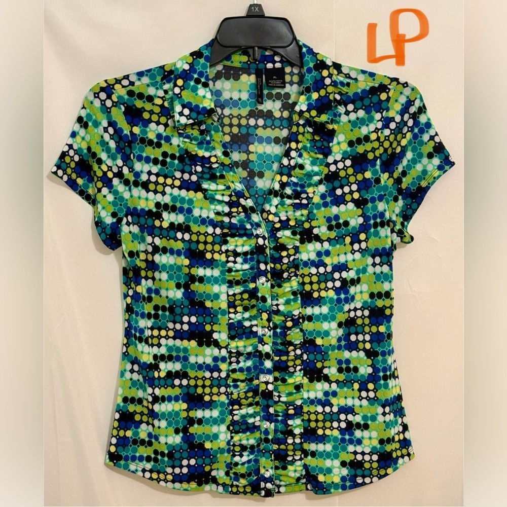 New Directions Multicolored Ruched Short Sleeve Blouse